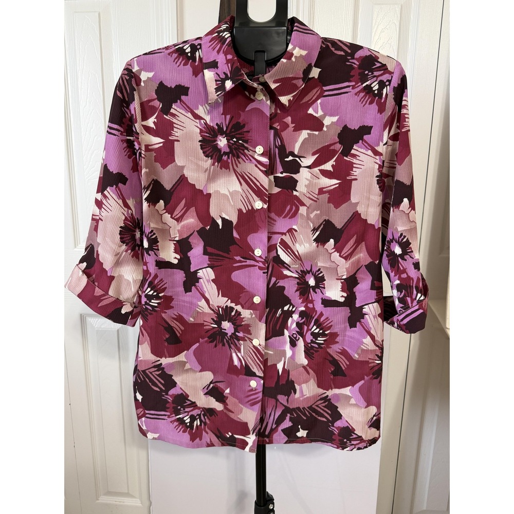 ALIA Pink Floral 3/4 Sleeve Button Front Collared Blouse Womens 14 5SCIN5516